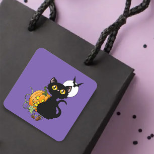 Griezelig Paarse Schattige Zwarte Kat Halloween Po Vierkante Sticker