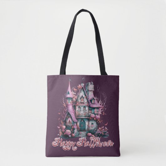 Griezelig roze en grijs spookhuis gelukkig Hallowe Tote Bag (Voorkant)