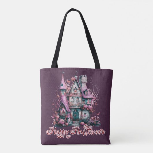 Griezelig roze en grijs spookhuis gelukkig Hallowe Tote Bag (Achterkant)