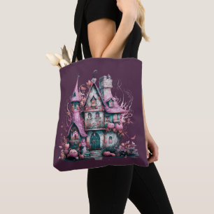 Griezelig roze en grijs spookhuis Halloween Tote Bag