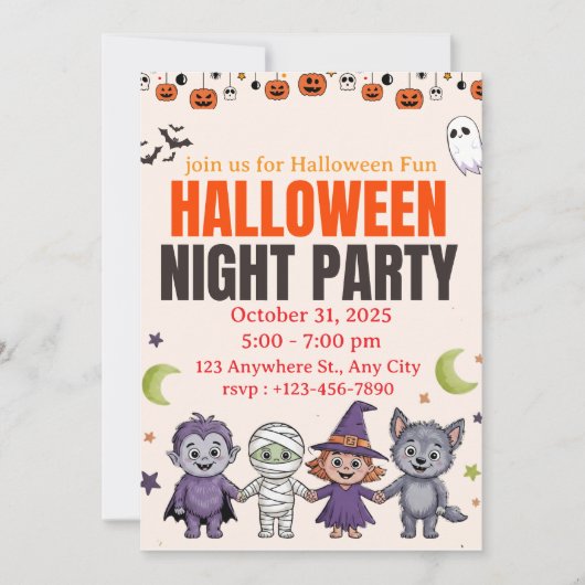 Griezelig Schattige Kinderen Halloween Uitnodiging (Voorkant)