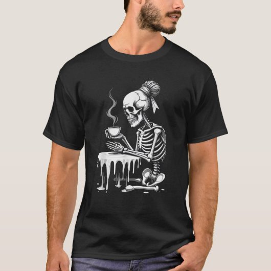 Griezelig Schattige skelet Drink Coffee Funny Goth T-shirt (Voorkant)