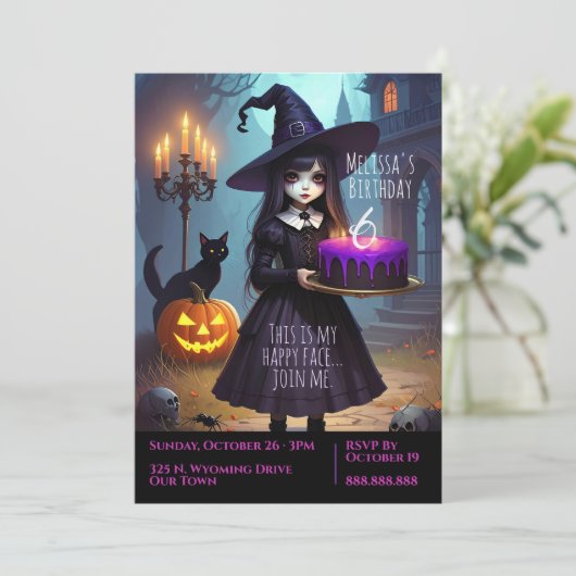 Griezelig Schattigee, Paarse heksenverjaardag, got Kaart (Staand voorkant)