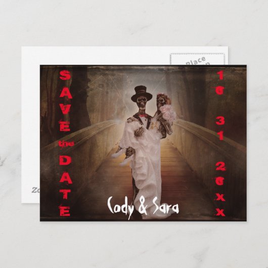 Griezelig skelet bruid & bruidegom de datum opslaa aankondigingskaart (Voorkant / Achterkant)