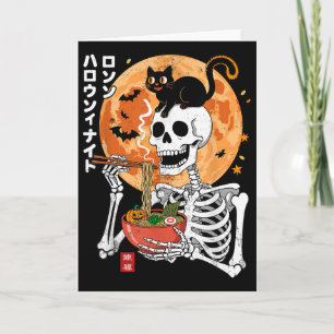 Griezelig skelet eet ramenkom met kat Halloween Kaart