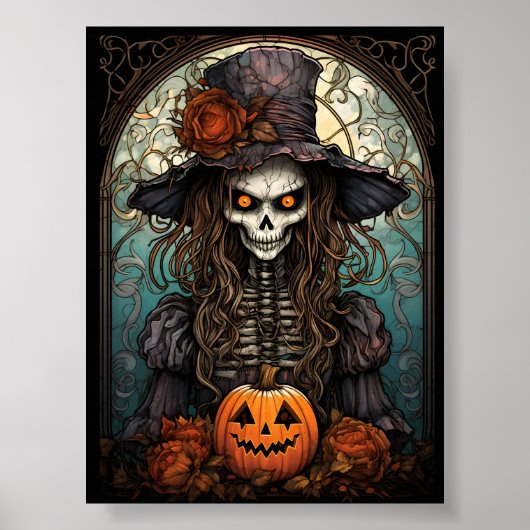 Griezelig skelet heks Halloween en Oranje pompoen Poster (Voorkant)