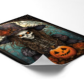 Griezelig skelet heks Halloween en Oranje pompoen Poster (Hoek)