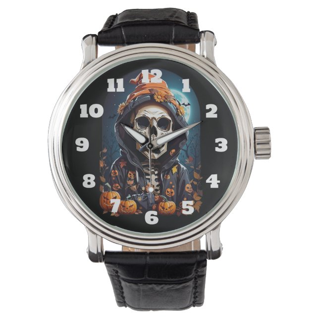 Griezelig Skelet & Herfst Pompoenen Halloween Horloge (Voorkant)