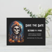 Griezelig Skelet & Herfst Pompoenen Halloween Save The Date (Staand voorkant)