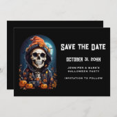 Griezelig Skelet & Herfst Pompoenen Halloween Save The Date (Voorkant / Achterkant)