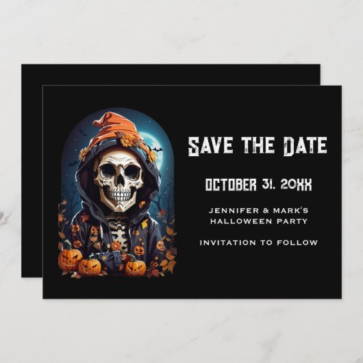 Griezelig Skelet & Herfst Pompoenen Halloween Save The Date (Voorkant / Achterkant)
