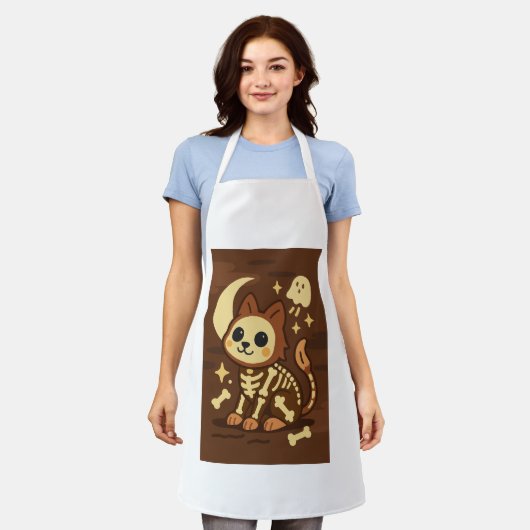 Griezelig Skelet Kat All-Over Print Schort, Medium Schort (Gedragen)