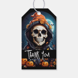 Griezelig skelet met kwaadaardige pompoenen dank j cadeaulabel