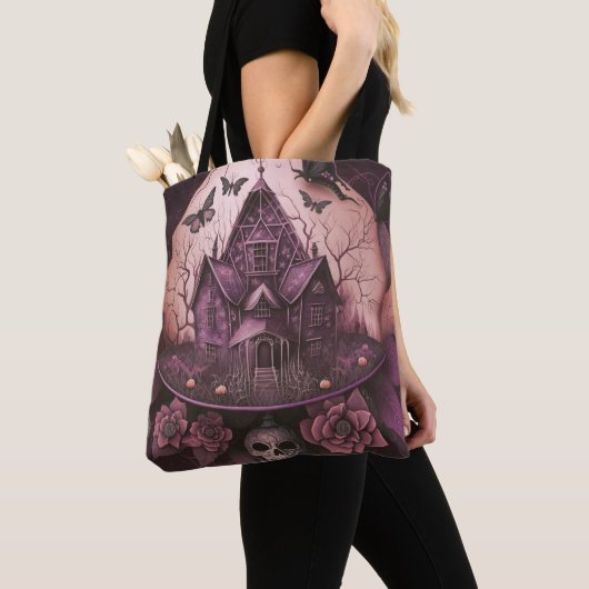 griezelig spookhuis schedel vlinders halloween tote bag (Dichtbij)
