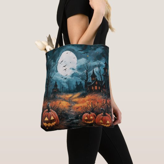 griezelig spookhuis vol maan enge halloween tote bag (Dichtbij)