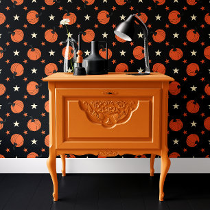 Griezelig Zwarte & Oranje Pompoen Sterren Hallowee Behang