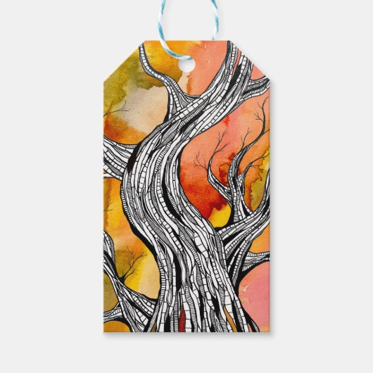 Griezelige abstracte boom pentekening kunst cadeaulabel (Voorkant)