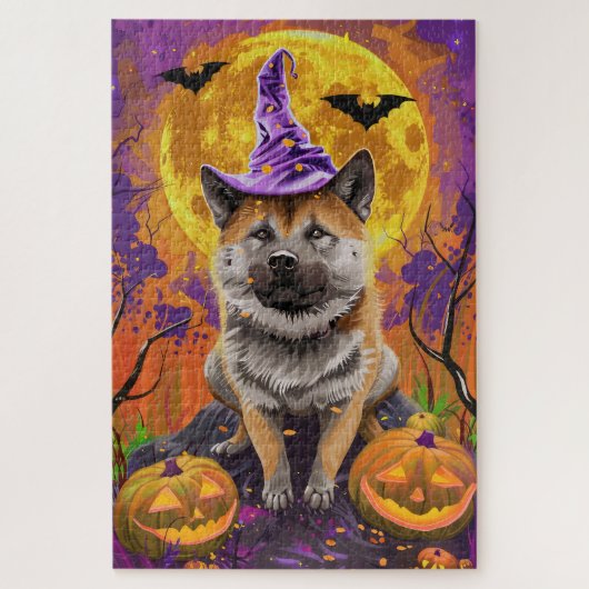 Griezelige Akita Halloween Heks en Pompoen Legpuzzel (Verticaal)