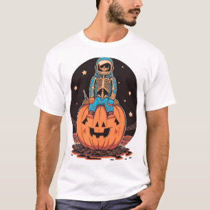 Griezelige astronaut skelet op pompoen Halloween T T-shirt
