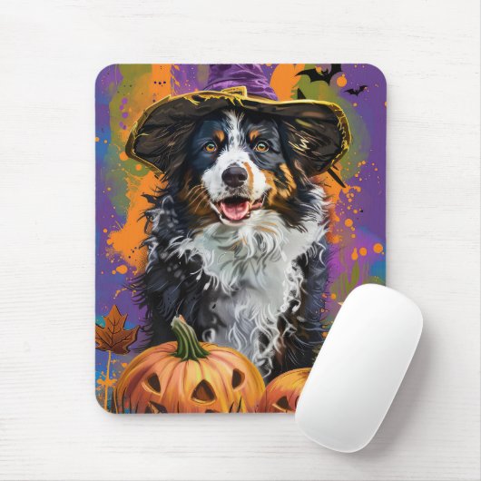 Griezelige Australian Shepherd Halloween Heksenpom Muismat (Met muis)
