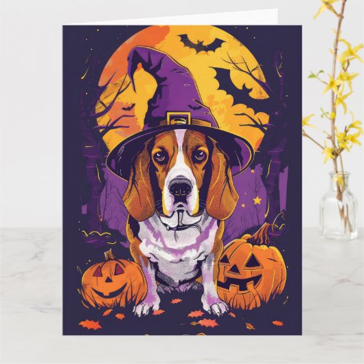Griezelige Beagle Halloween Heks en Pompoen Kaart (Gele Bloem)