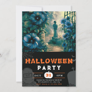Griezelige Begraafplaats Blauwe Bloemen Halloween Kaart
