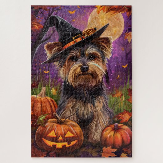 Griezelige Biewer Terrier Halloween Heks en Pompoe Legpuzzel (Verticaal)