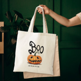 Griezelige Boo Oranje Halloween Pompoen Naam Tote Bag