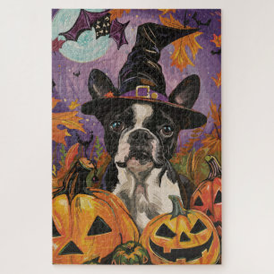 Griezelige Boston Terrier Halloween Heks en Pompoe Legpuzzel