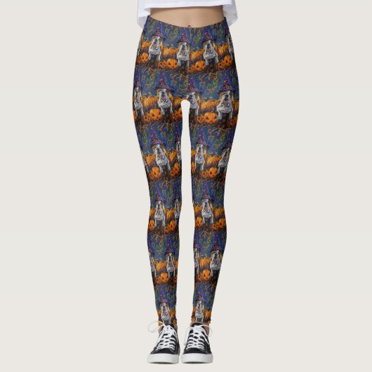 Griezelige Bulldog Halloween Heks En Pompoen Leggings (Voorkant)