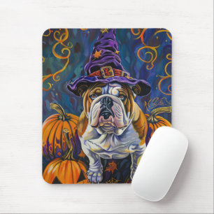 Griezelige Bulldog Halloween Heks en Pompoen Muismat