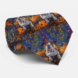 Griezelige Bulldog Halloween Heks en Pompoen Stropdas