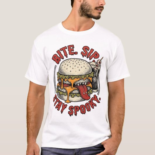 Griezelige Burger T-shirt Vintage Gravure Hallowee (Voorkant)