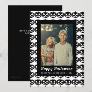 Griezelige Chic Zwarte en Witte Jack-O-Lantern Pom Feestdagenkaart