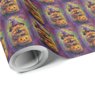 Griezelige Chow Chow Hond Halloween Heks en Pompoe Cadeaupapier