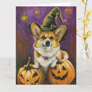 Griezelige Corgi Hond Halloween Heks Pompoen Kaart