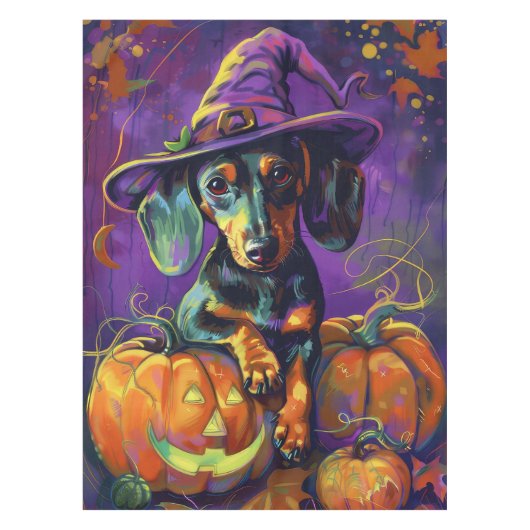 Griezelige Dachshund-hond Halloween-heks en pompoe Tafelkleed (Voorkant)