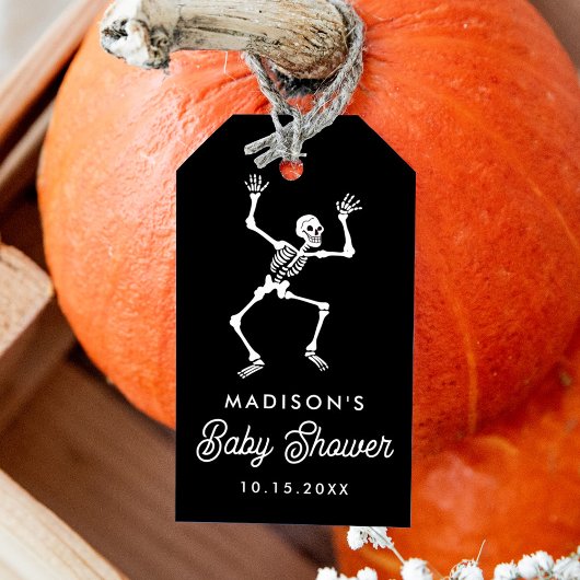 Griezelige dansende skelet babyshower favor cadeaulabel