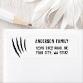 Griezelige dinosaurus T Rex klauw markeert adres Etiket (Insitu)