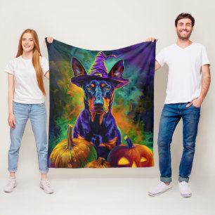 Griezelige Dobermann Hond Halloween Heks En Pompoe Fleece Deken