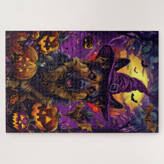 Griezelige Duitse Herdershond Halloween Heks Pompo Legpuzzel (Horizontaal)