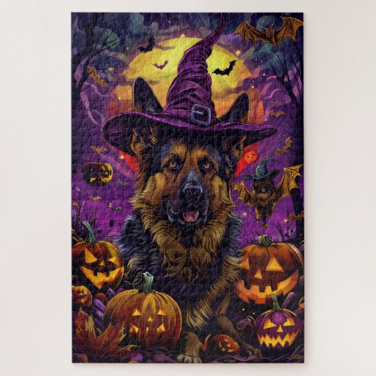 Griezelige Duitse Herdershond Halloween Heks Pompo Legpuzzel (Verticaal)