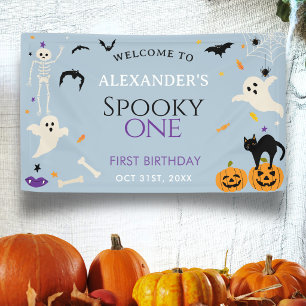 Griezelige Eén 1e verjaardag Halloween Blauwe Welk Spandoek