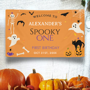 Griezelige Eén 1e verjaardag Halloween Oranje Welk Spandoek