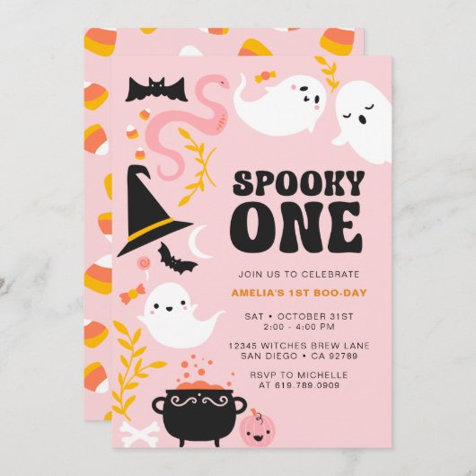 GRIEZELIGE EEN Cute en moderne roze spook uitnodig Kaart (Voorkant / Achterkant)