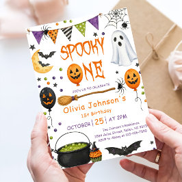 Griezelige Eén Halloween Geest Roze 1e Verjaardag Kaart