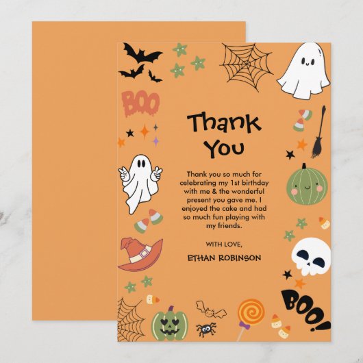 Griezelige Eén Schattige Geest Halloween 1e Verjaa Bedankkaart (Voorkant / Achterkant)