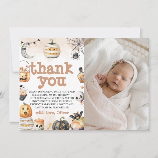 Griezelige Eerste Verjaardag Foto Bedankt Kaart (Voorkant)