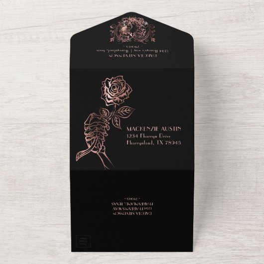 Griezelige elegantie | Gothic Rosegold Skelet Wedd All In One Uitnodiging (Buitenkant)