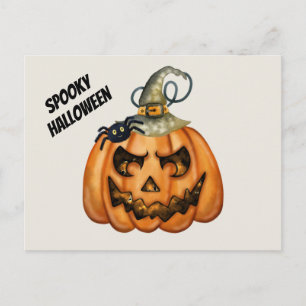 Griezelige en enge Halloween pompoen met spin Briefkaart